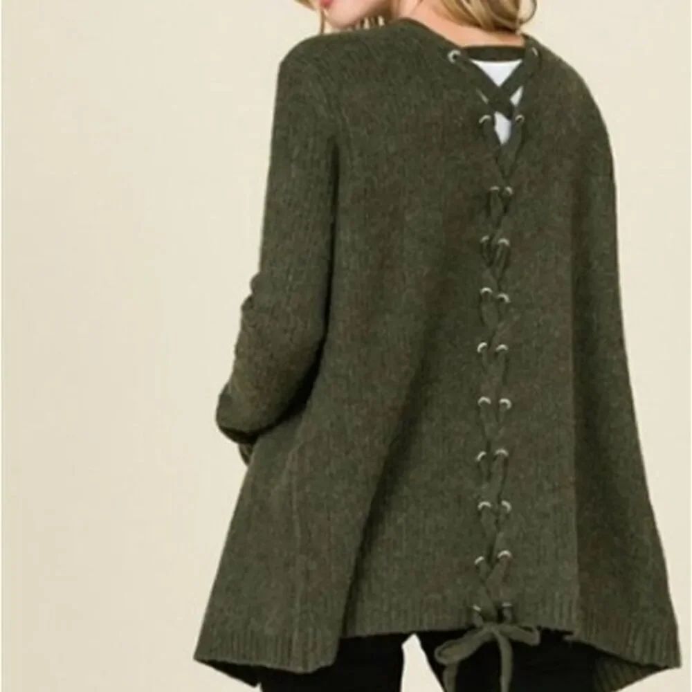 Lumière and Company Back Lace-up Olive Green Oversized Cardigan Sweater Sz Large